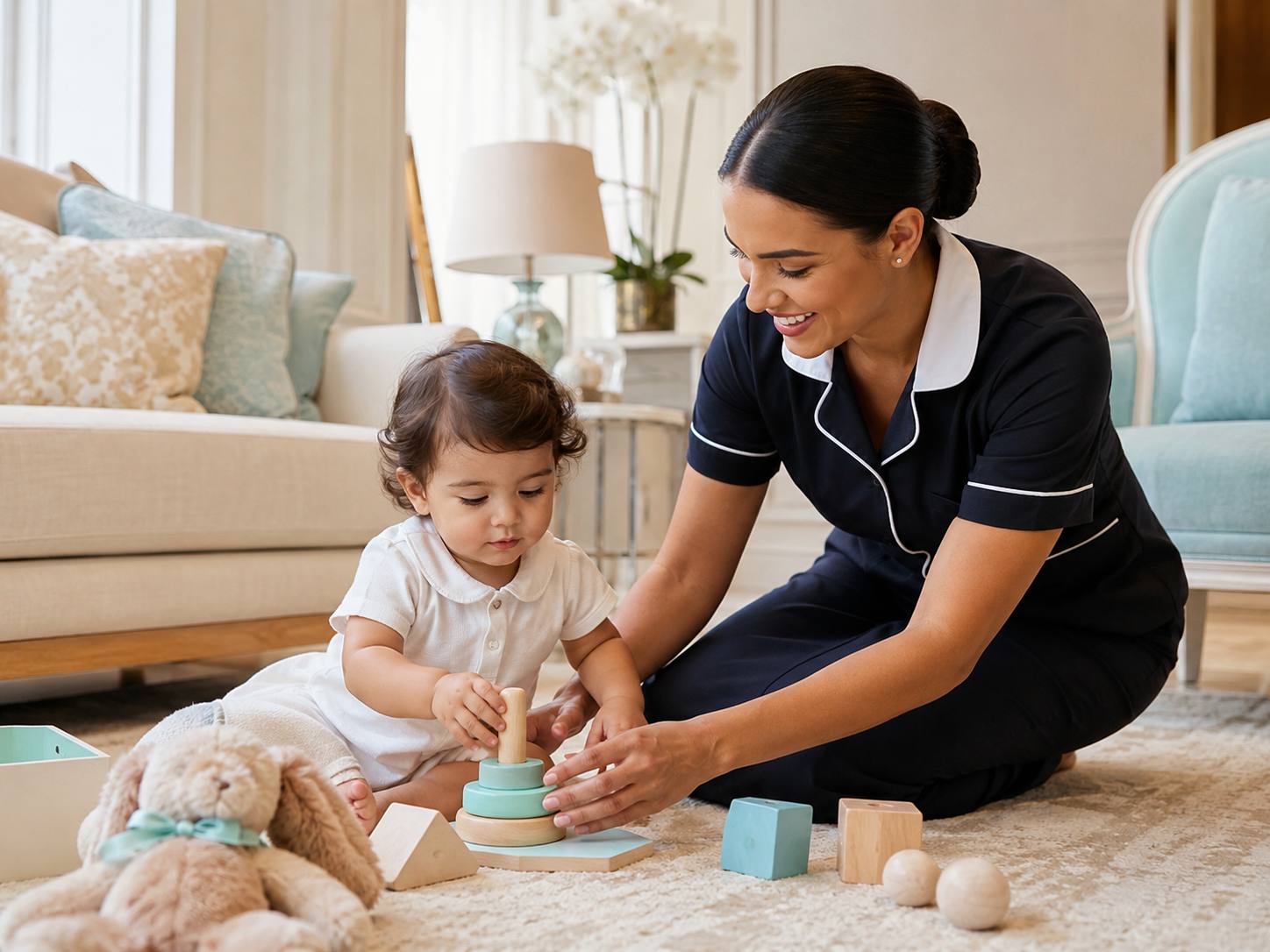Babá de uniforme brincando com uma criança pequena no tapete da sala