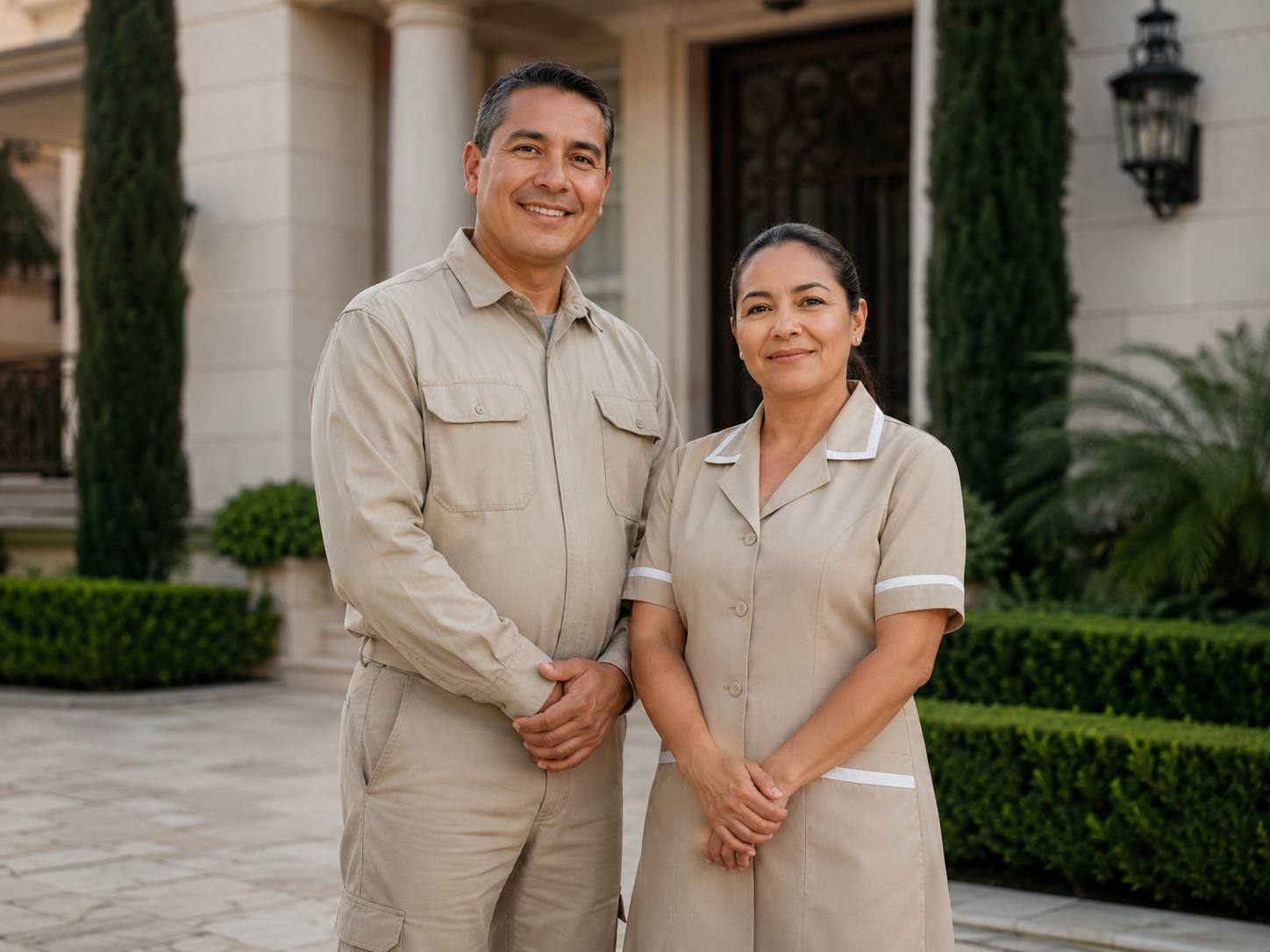 Casal de caseiros de uniforme bege diante da entrada de uma residência com jardim