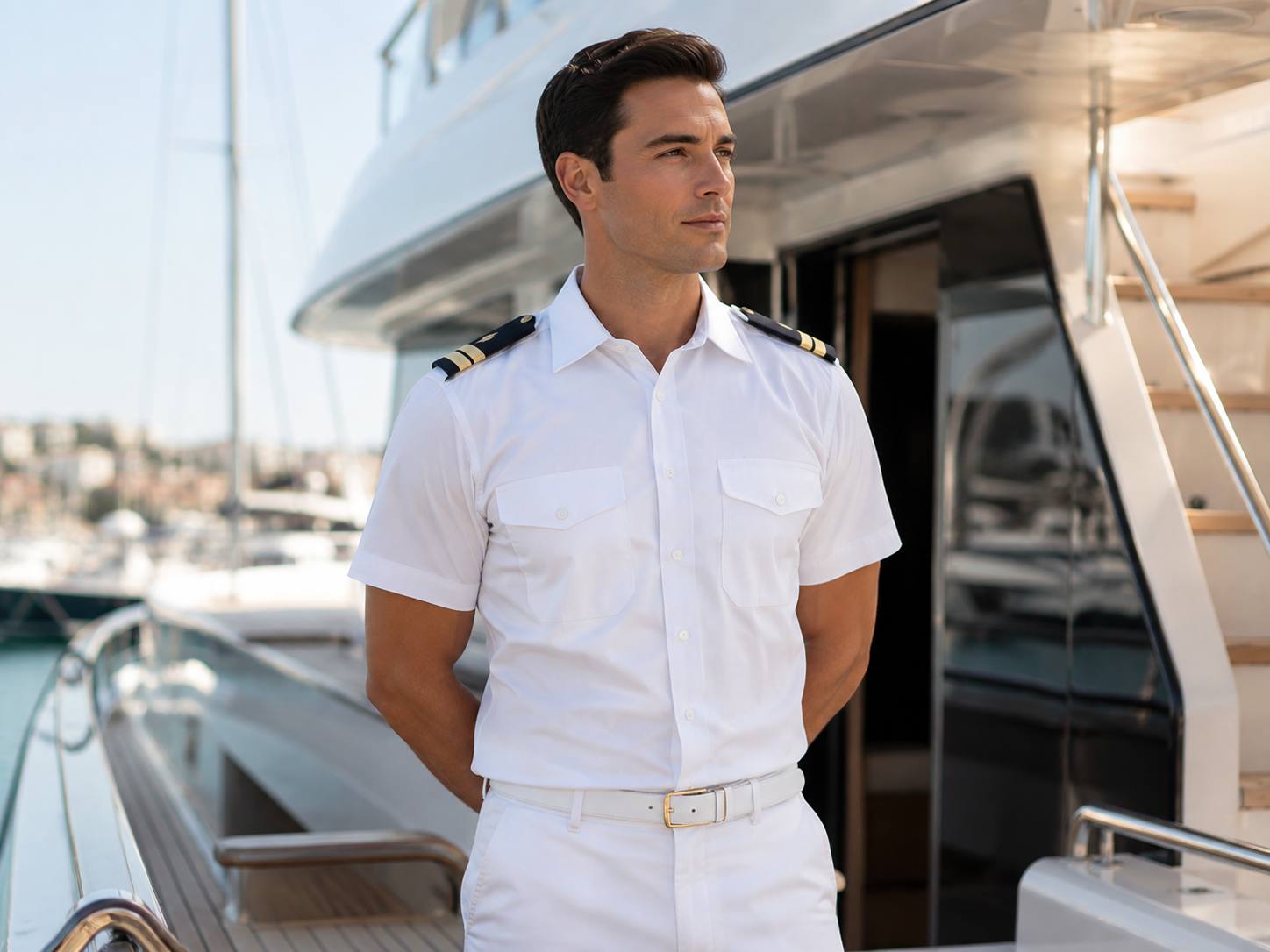 Marinheiro de uniforme branco no convés de uma lancha na marina