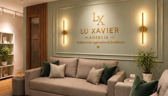Recepção da Agência Lu Xavier, com o painel Lu Xavier Agência na parede verde e sofá com almofadas verdes